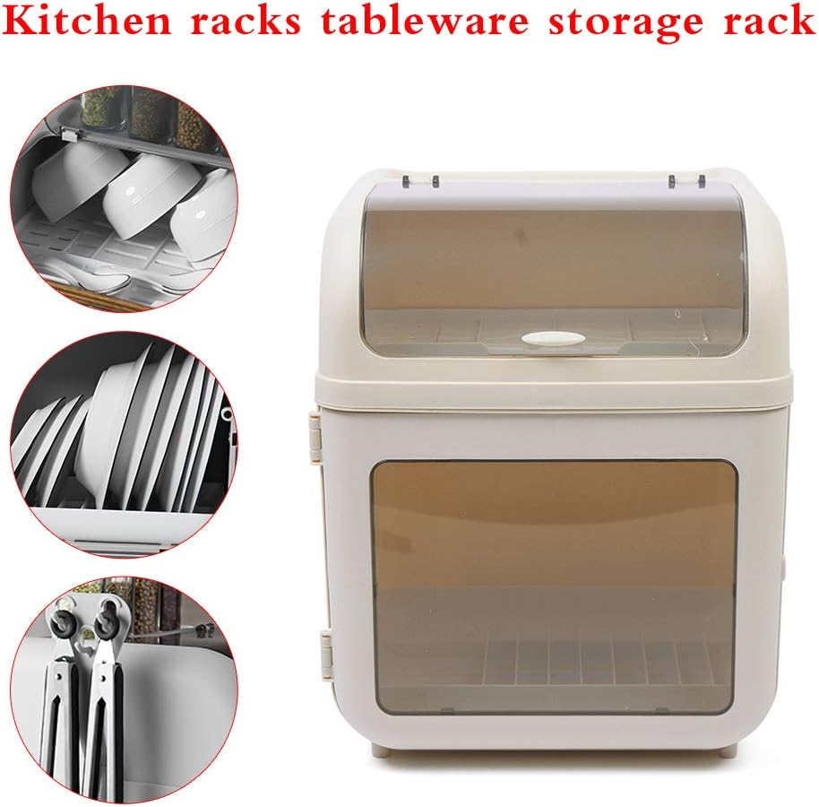 Plastic Plate Drying Rack, Cup Drying Rack and Removable Drain Plate, Kitchen Counter with Khaki Cutlery and Cup Holder, with Cutting Board, Pot Lid, Hook Storage Rack