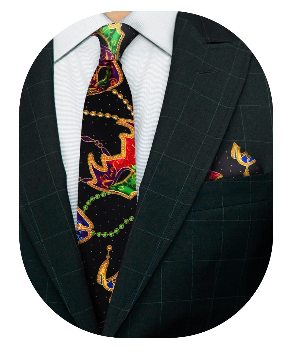 Vittorio Farina Mardi Gras Necktie & Matching Pocket Square Set (Mardi #5: Colorful Black Mask)