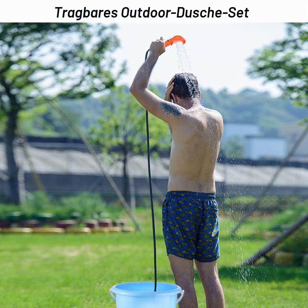 Camping Dusche Tragbare Campingdusche mit 12 V Pumpe, Outdoor Mobile Duschen Außenduschen mit Duschkopf und 2 m Schlauch Auto Stecker für Reisen, Autowäsche, Zelt, Pflanzenbewässerung Garten
