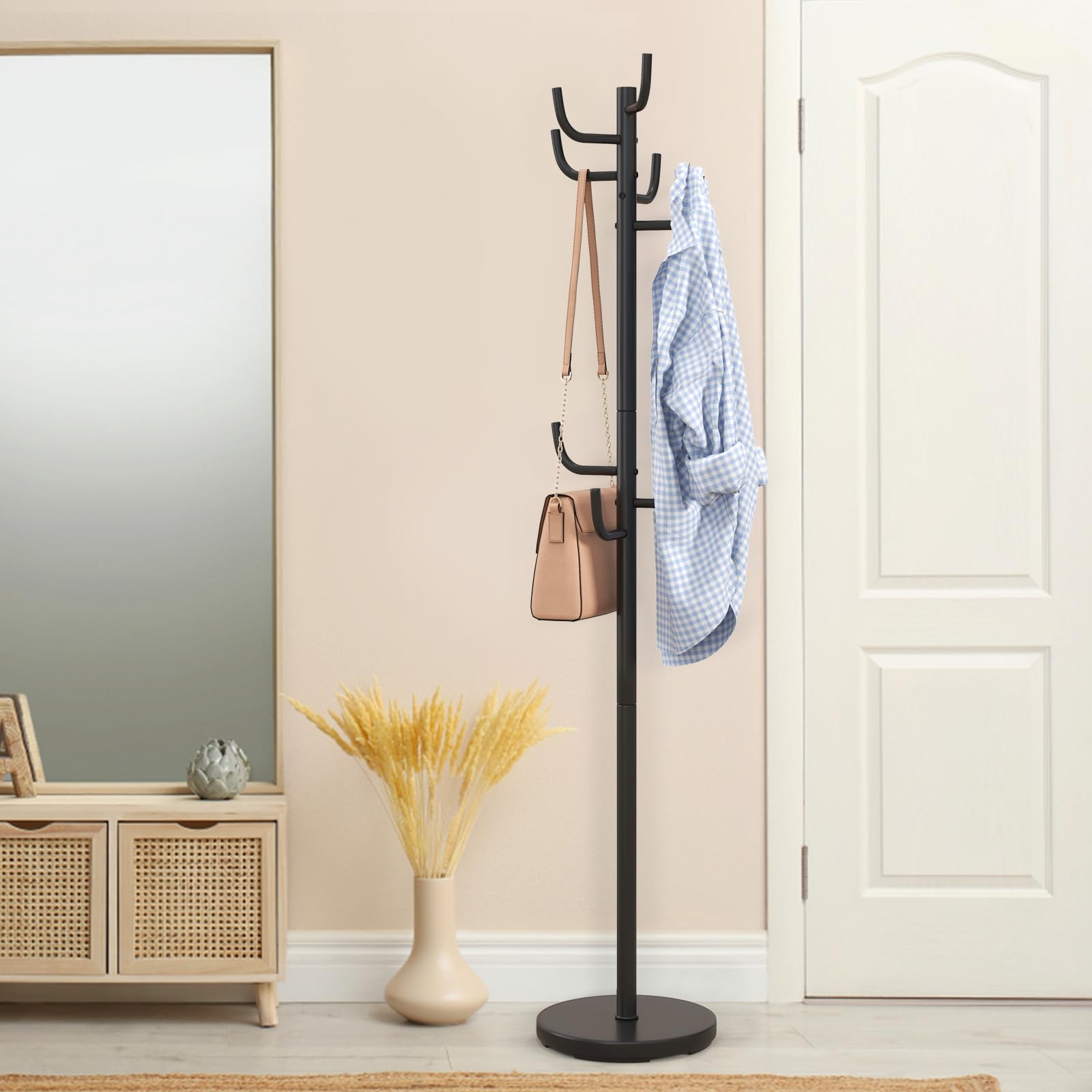 COSTWAY Attaccapanni in Metallo, Attaccapanni da Terra con 8 Ganci Robusti e Base Resistente, per Vestiti Borse Cappelli, 33,5 x 175 cm