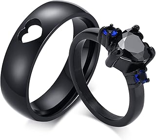Anillos de Compromiso Grabado Anillos Pareja Matrimonio,Anillos de Acero Inoxidable Anillo 2.6/6MM Anillo Negro Redondo y Corazón Hueco Circonita