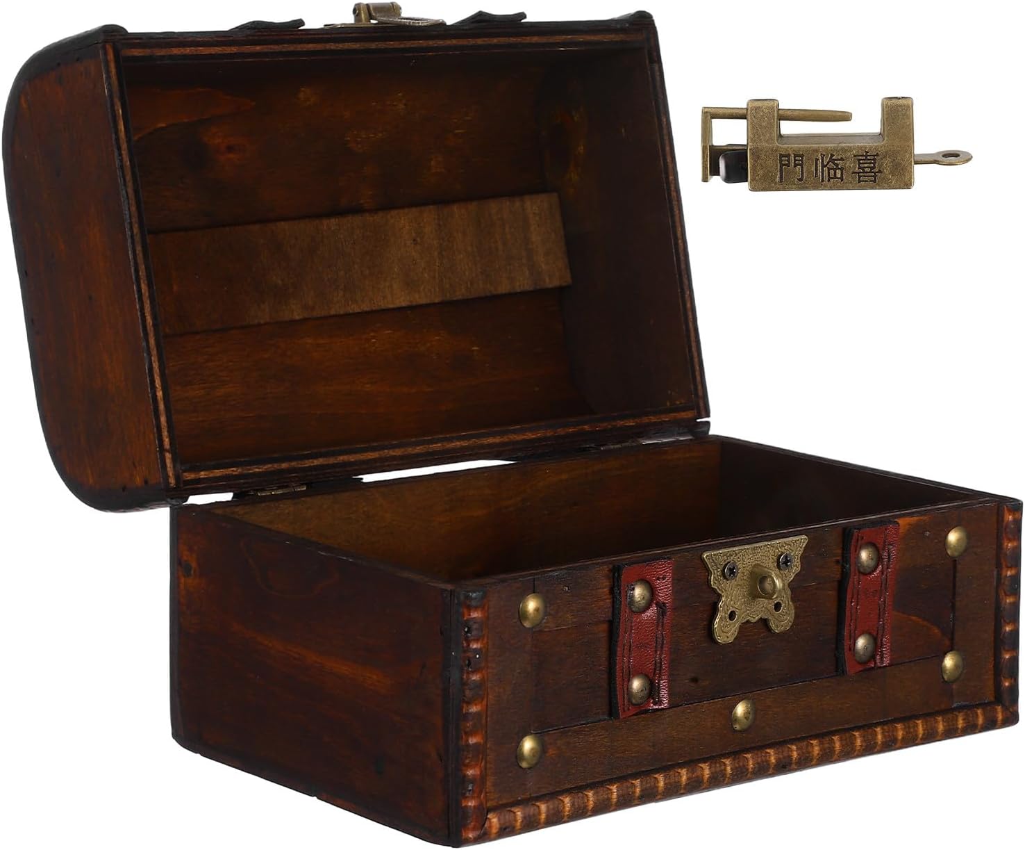 SHINEOFI Vintage Pirate Treasure Chest with Lock, Wood Storage Chest Box for Keepsakes, Small Decorative Organizer Trunk for Home and Classroom, Dark Brown Style
