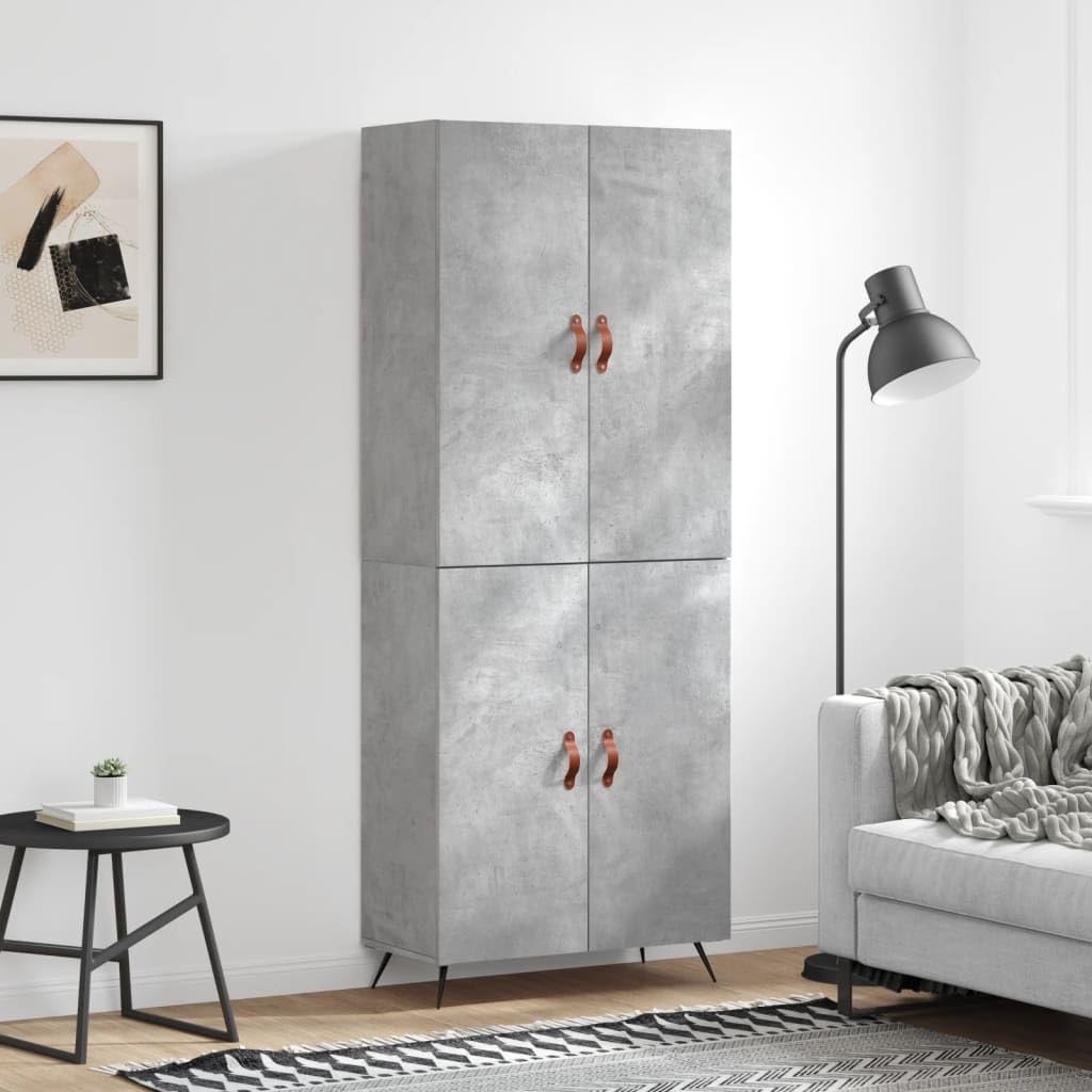 Meuble haut gris béton en bois - 69,5 x 34 x 180 cm - Avec pieds en métal - Buffet et commode moderne pour salon, salle à manger, chambre à coucher, couloir, beaucoup d'espace de rangement