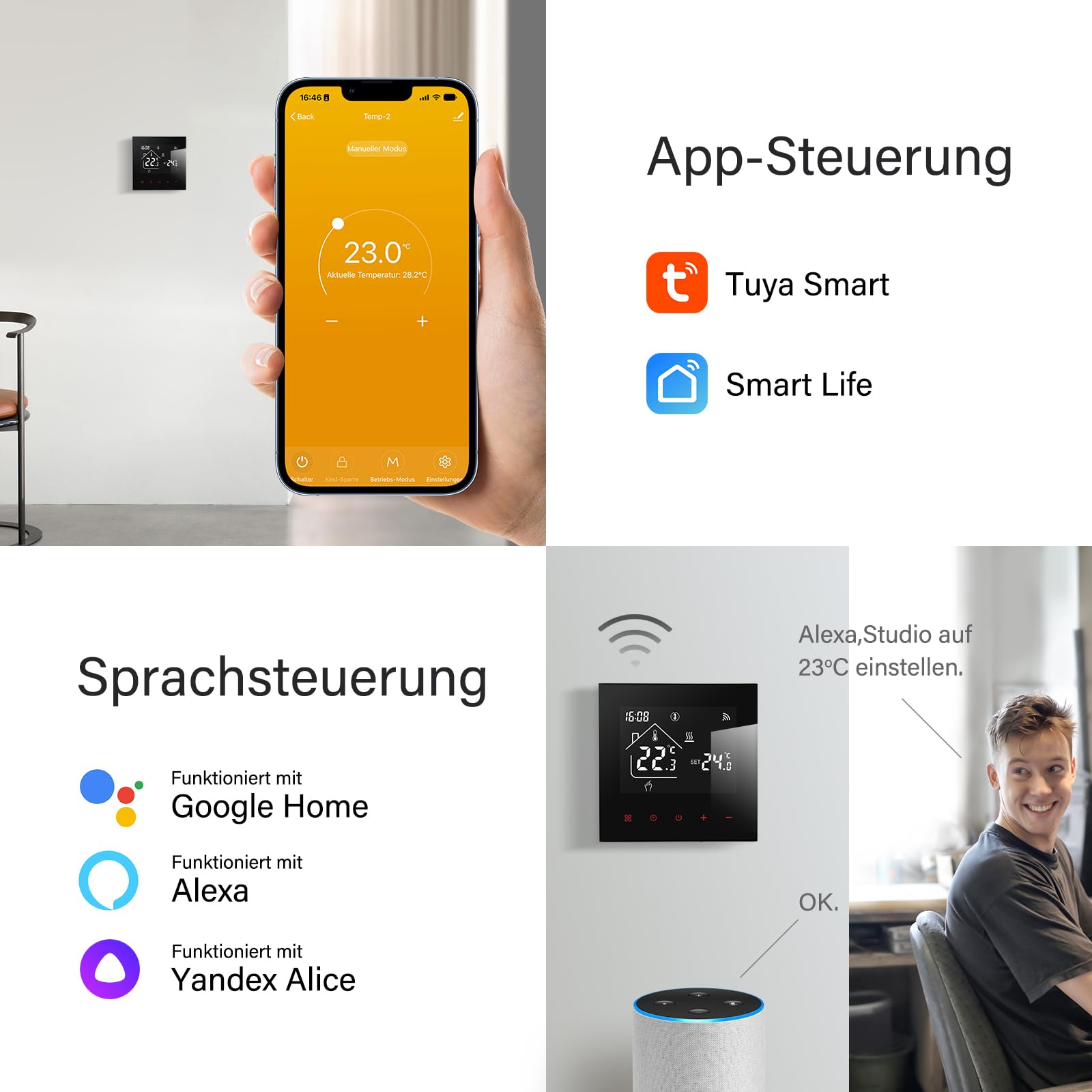 Thermostat Fussbodenheizung Smart für Wasser Fußbodenheizung, Beok WiFi Raumthermostat Thermostate Heizung Digital Programmierbar Kompatibel Alexa, Google Home 3A 230V TDR89B-WIFI-WP Schwarz