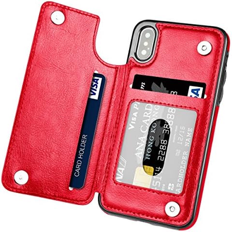 iPhone X Case,iPhone Xs Case, Hoofur Slim Fit Premium Leather iPhone Xs Wallet Case Card Slots Shockproof Folio Flip Protective Shell for Apple iPhone X/Xs (5.8 inch) (Red)