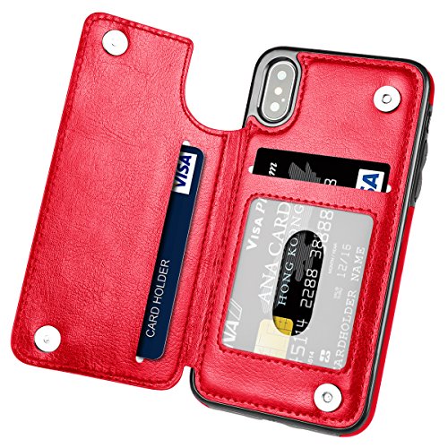 Hoofur Slim Fit Premium Leather Compatible with iPhone Xs Wallet Case Card Slots Shockproof Folio Flip Protective Shell Compatible with iPhone X/Xs (5.8 inch) (Red)