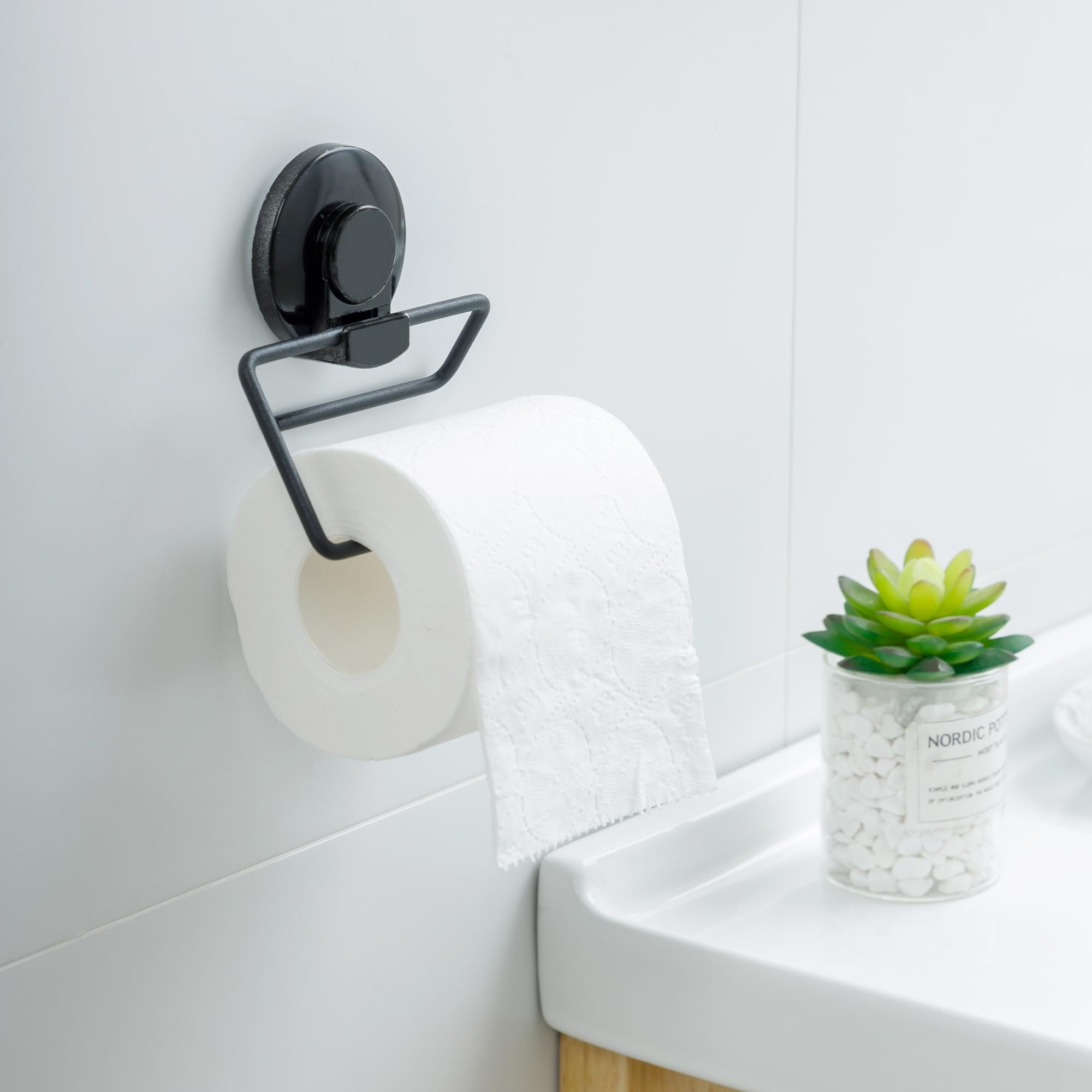 Vacuum Suction Toilet Paper Holder for Bathroom & Kitchen | Easy One Push & Lock No Drill Wall Mounted Tissue Roll Holder | Waterproof Rust Resistant Metal Holder Black [ND-MS549]-image-11