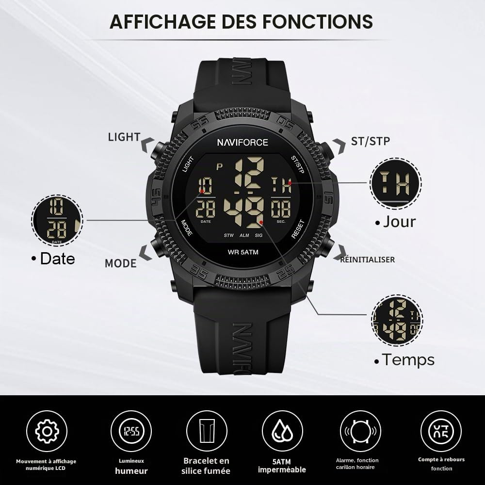 Naviforce Montres numériques de Sport étanches pour Hommes avec chronomètre, Alarme, Bracelet en Caoutchouc, Montre-Bracelet pour Femmes