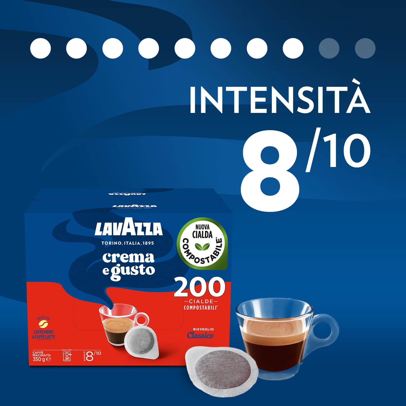Lavazza, Crema e Gusto Classico, Caffè per Macchine Espresso, Arabica e Robusta con Note di Legno e Tabacco, Intensità 8/10, Tostatura Scura, 4 Confezioni Da 50 Cialde