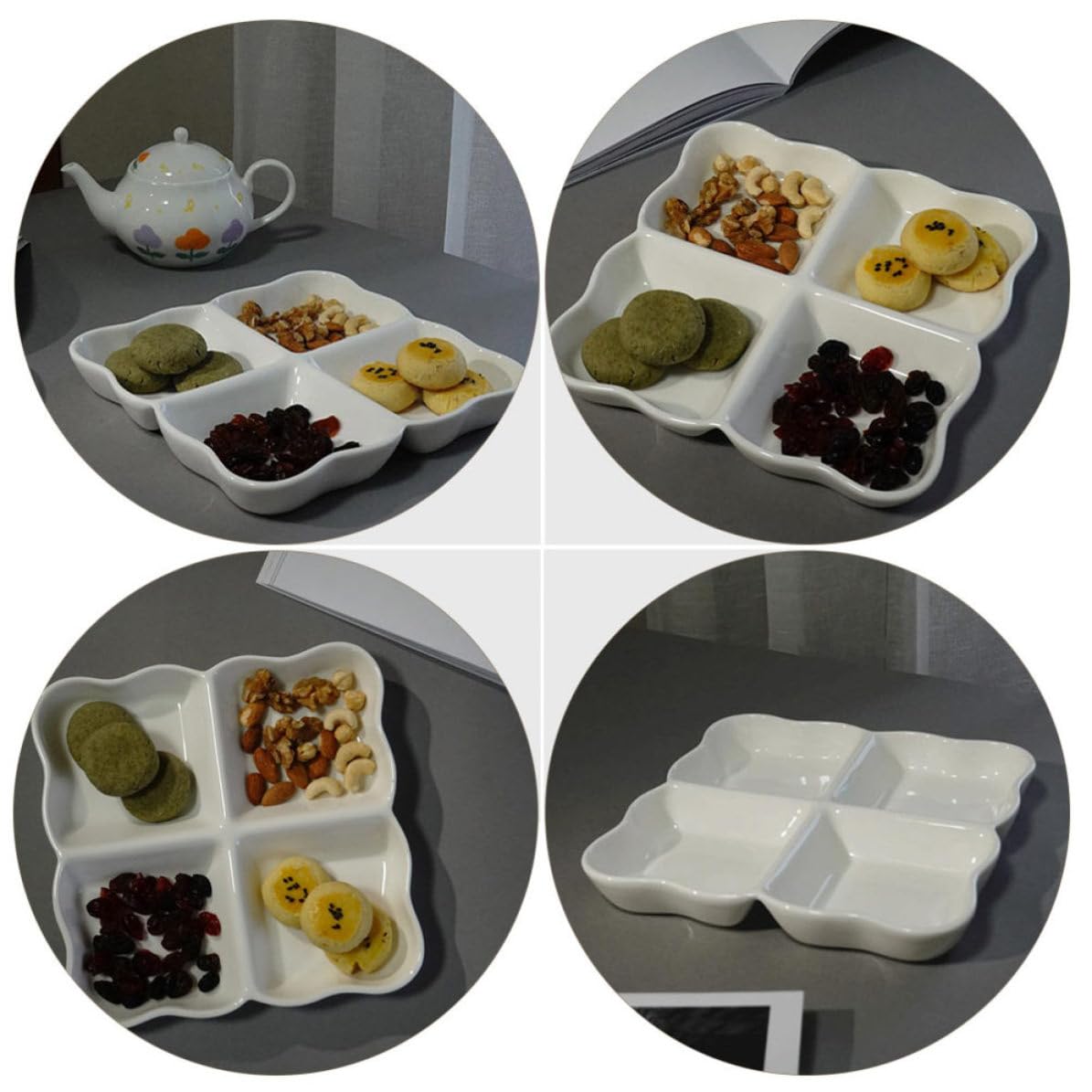 Zerodeko Vassoio in Ceramica Bianco 4 Scomparti per Snack e Frutta, Design Creativo e Aspetto Elegante per Feste di Compleanno e Riunioni Festive Riutilizzabile