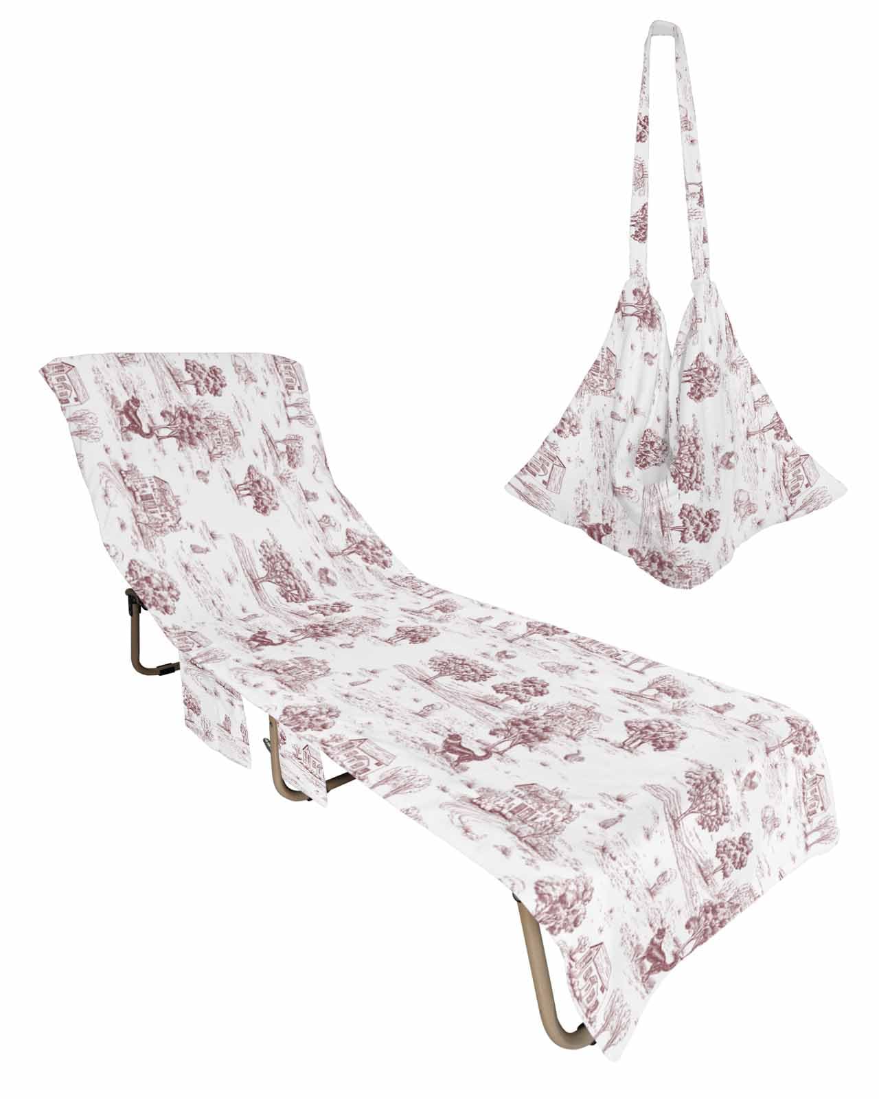 Countryside Landscape Beach Chair Cover with Side Pockets, Microfiber & Quick Dry Pool Chaise Lounge Chair Towels Covers for Sun Sunbathing Patio Garden Hotel, Farmhouse Rustic Cottage Red Brown