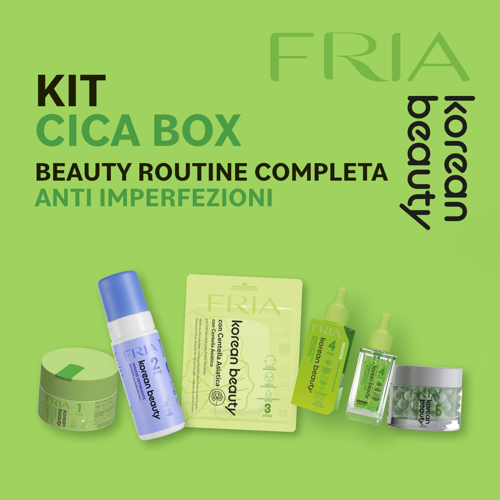 Fria Korean Beauty Cica Box, Kit Skincare Viso Anti Imperfezioni con Centella Asiatica, Burro Struccante + Mousse + Maschera + Siero + Crema, Dermatologicamente Testato