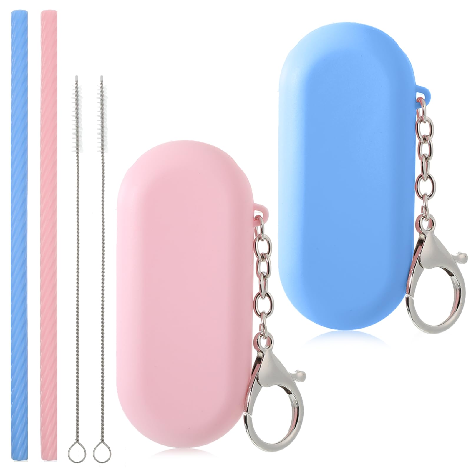 Muiltvoe Pink/Blue 2 Sets Silicone Straws Reusable, Portable Foldable Travel Straw With Case And Cleaning Brush Collapsible Drinking Straws For Travel Party ( And Blue)