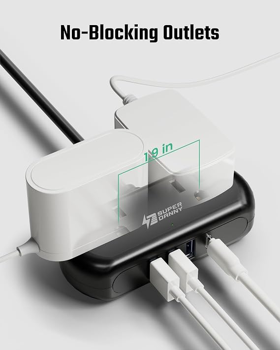 SUPERDANNY USB ile Güç Şeridi, Mini Masaüstü Şarj İstasyonu, 2 Geniş Boşluklu Priz ve 4 USB Bağlantı Noktası, 2 ft Taşınabilir Düz Fiş Uzatma Kablosu, Seyahat, Yurt Odası, Ev Ofis Esasları için, Siyah