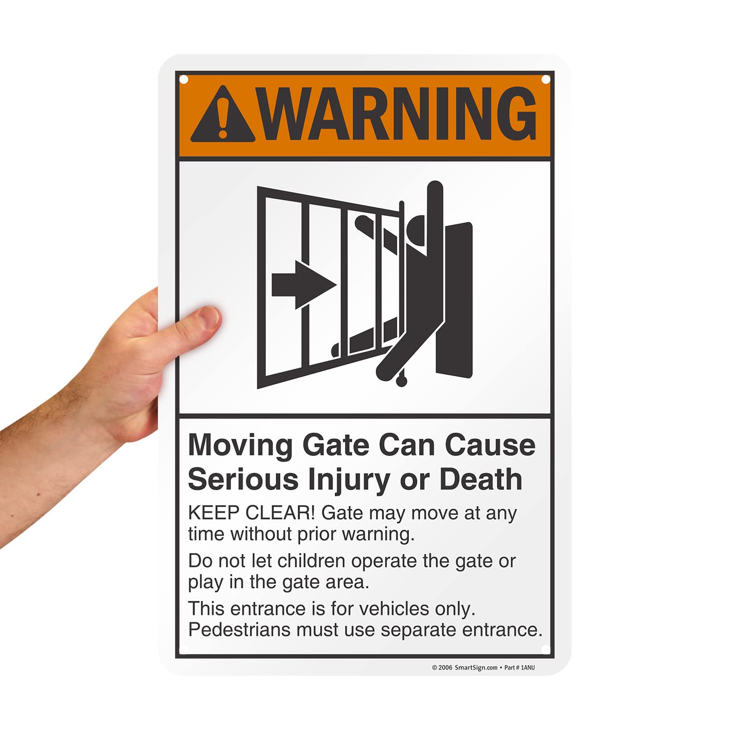 SmartSign 18 x 12 inch “Warning - Moving Gate Can Cause Injury Or Death” Metal Sign, 63 mil Laminated Rustproof Aluminum, Black, White and Orange, Made in USA — Amazon image 4