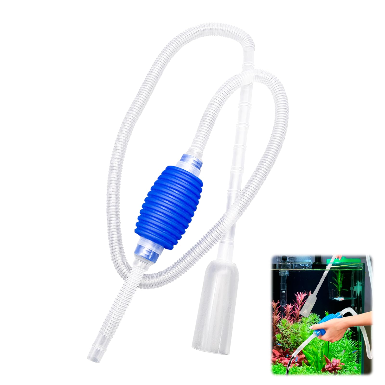150 cm Aquarium Pool Cleaner with Manual Siphoner, 110 cm Pipe, Sand Head 8.5 cm, Outlet Hose 10 cm for Water Change and Gravel Cleaning
