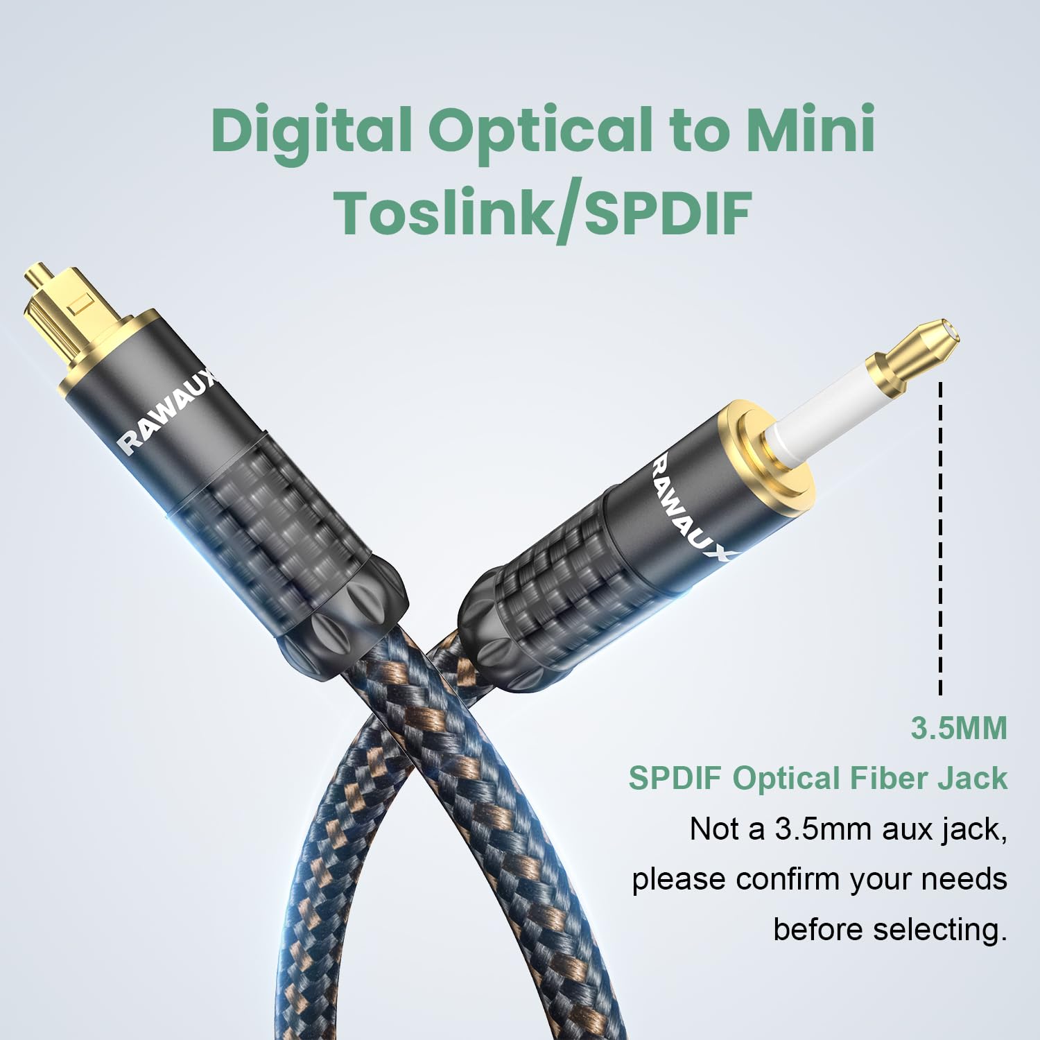 RAWAUX Digital Optical Cable 2M 24K Gold Plated Toslink to Mini Toslink Cable Mini Optical S/PDIF Audio Adapter for Chromecast Audio TV - Image 2
