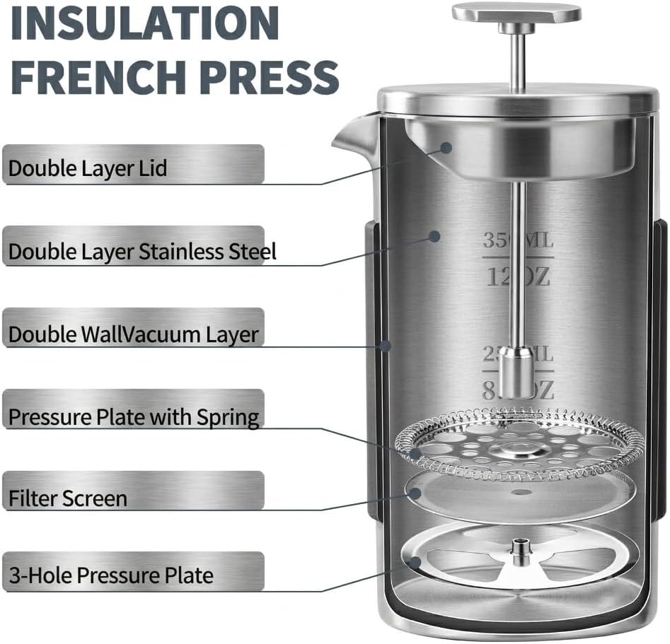 Small French Press, 12 oz French Press Coffee Maker, Mini Prensa Francesa for 2 Cups, Portable Stainless Steel Travel French Press, Single Serve for Home Office Camping