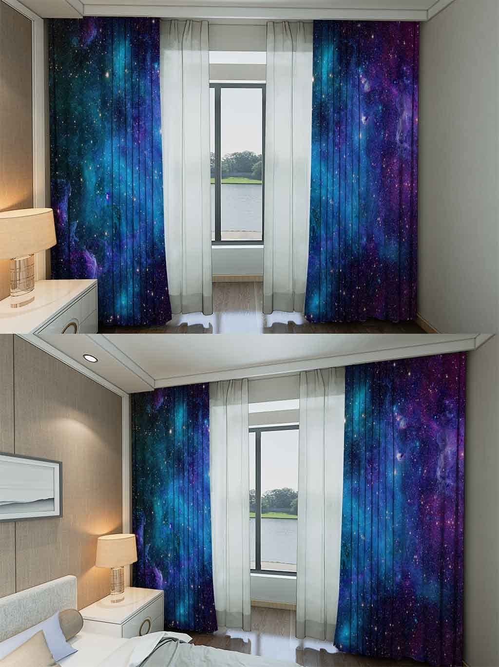 Tbrand Kinder Blickdichte Vorhänge Galaxie Sternenhimmel Vorhänge für Jungen Mädchen Weich Atmungsaktiv Microfaser 137x117cm Fenstervorhang Lila Blau