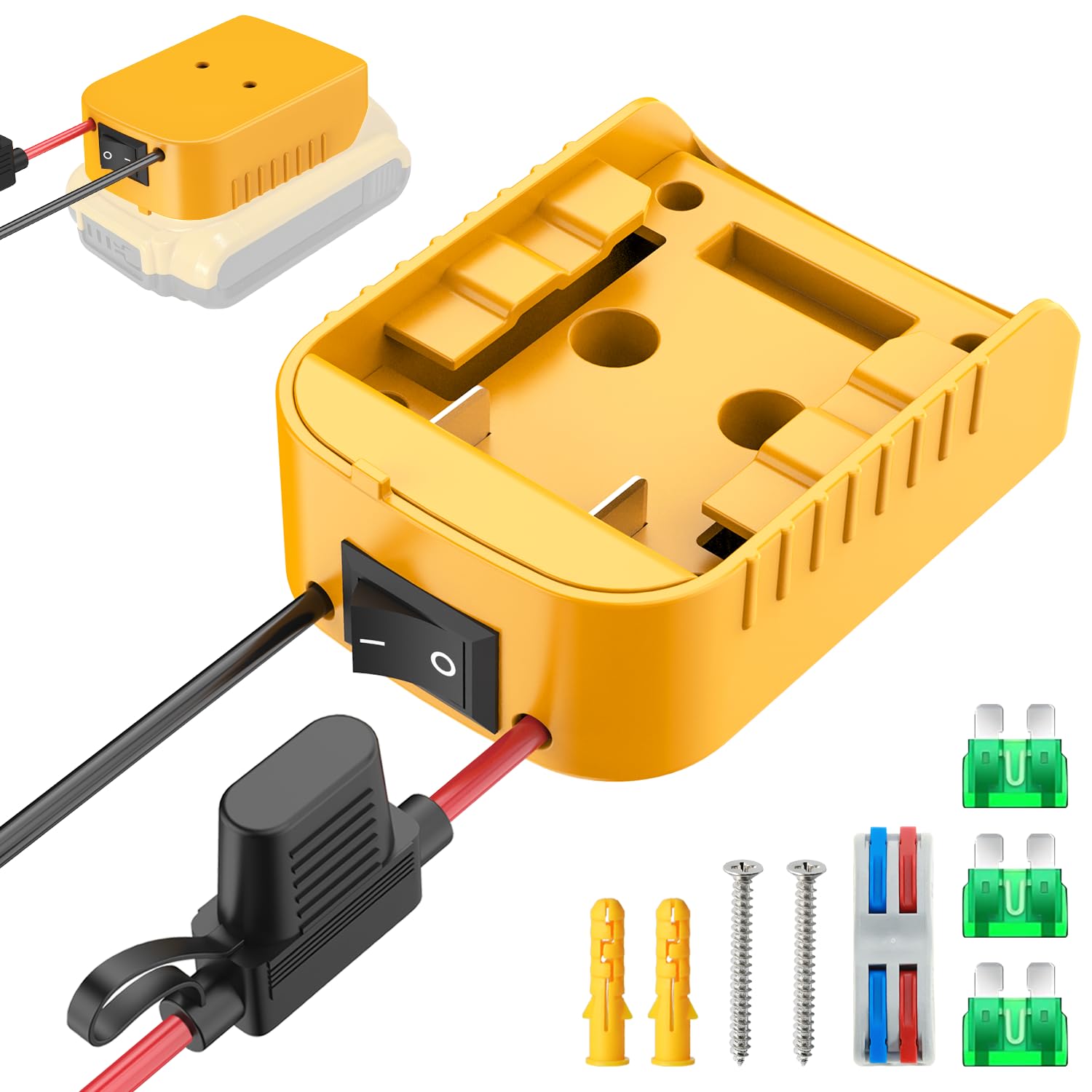 for Power Wheel Adapter Compatible with Dewalt 20V Battery, Converter Kit with Built-in Switch on Adapter, Fuse Holder, Wire Terminal, 12AWG Wire for DIY RC Car Toys (1 Pack)