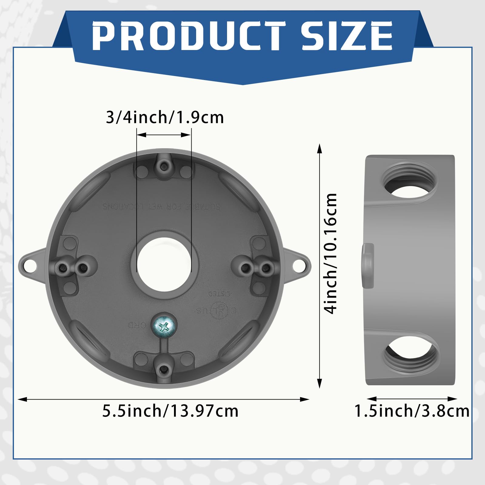 Juexica 4 Pcs 4 Inch Round Metal Electrical Box with 3/4 Inch 5 Holes Weatherproof Aluminum Outlet Junction Ceiling Fan Box for Outdoor Lighting Systems, UL Listed(Gray) — Amazon image 2
