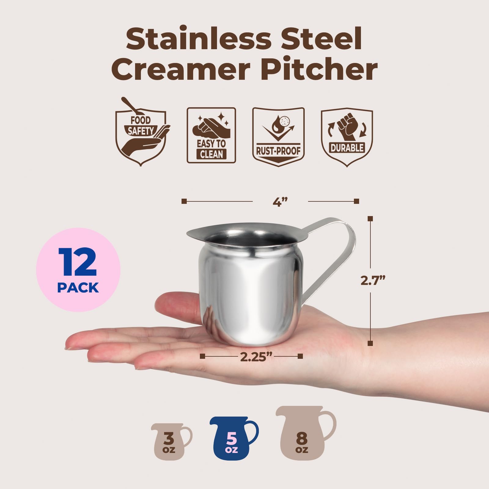 [Paquete de 12] Jarra de crema de 5 onzas, cremas de campana de acero inoxidable, mini recipiente para servir leche, crema de café, aderezo de ensalada, jarabe de arce, azúcar, máquina de café expreso