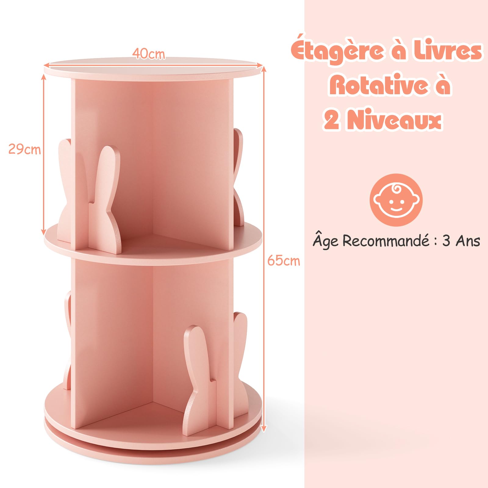 GOPLUS Bibliothèque Enfant, 65CM Bibliothèque à 2 Niveaux avec Serre-Livres Lapin/Ourson, 8 Compartiments, Étagère à Livres Pivotante à 360°, pour Chambre d'enfant, Salle de Jeux (Rose)