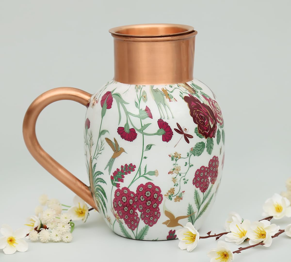 Grey Floral Galore Designer Copper Jug Pitcher with Handle | Serve Water | for Storage and Serving Water | Health Benefits (1.5 litres)