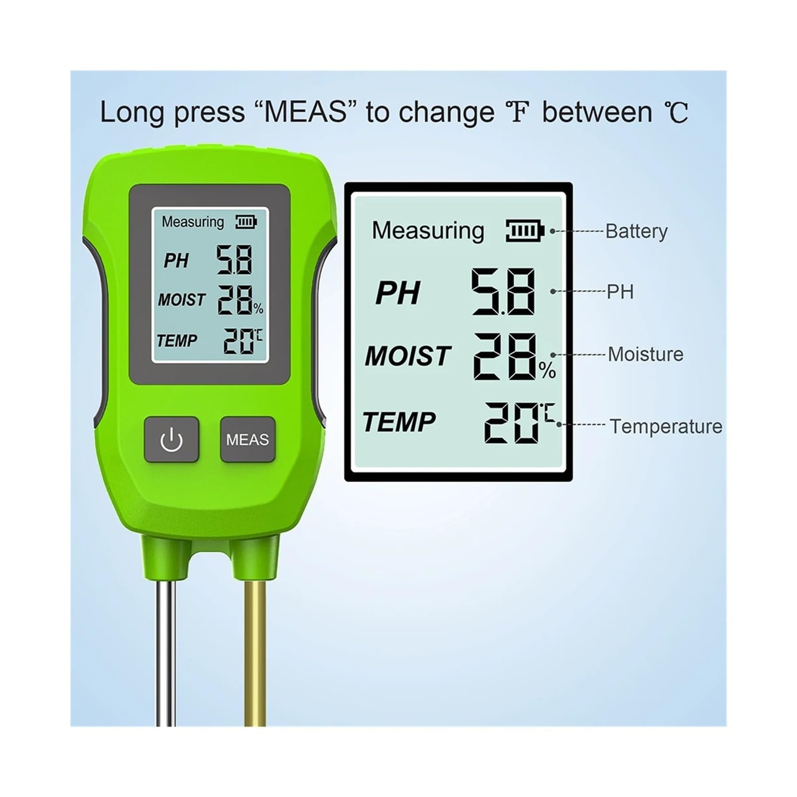 Medidor de pH 3 en 1, detector de humedad y temperatura de alta precisión para plantas, herramienta de prueba de suelo manual para cuidado de jardines y flores
