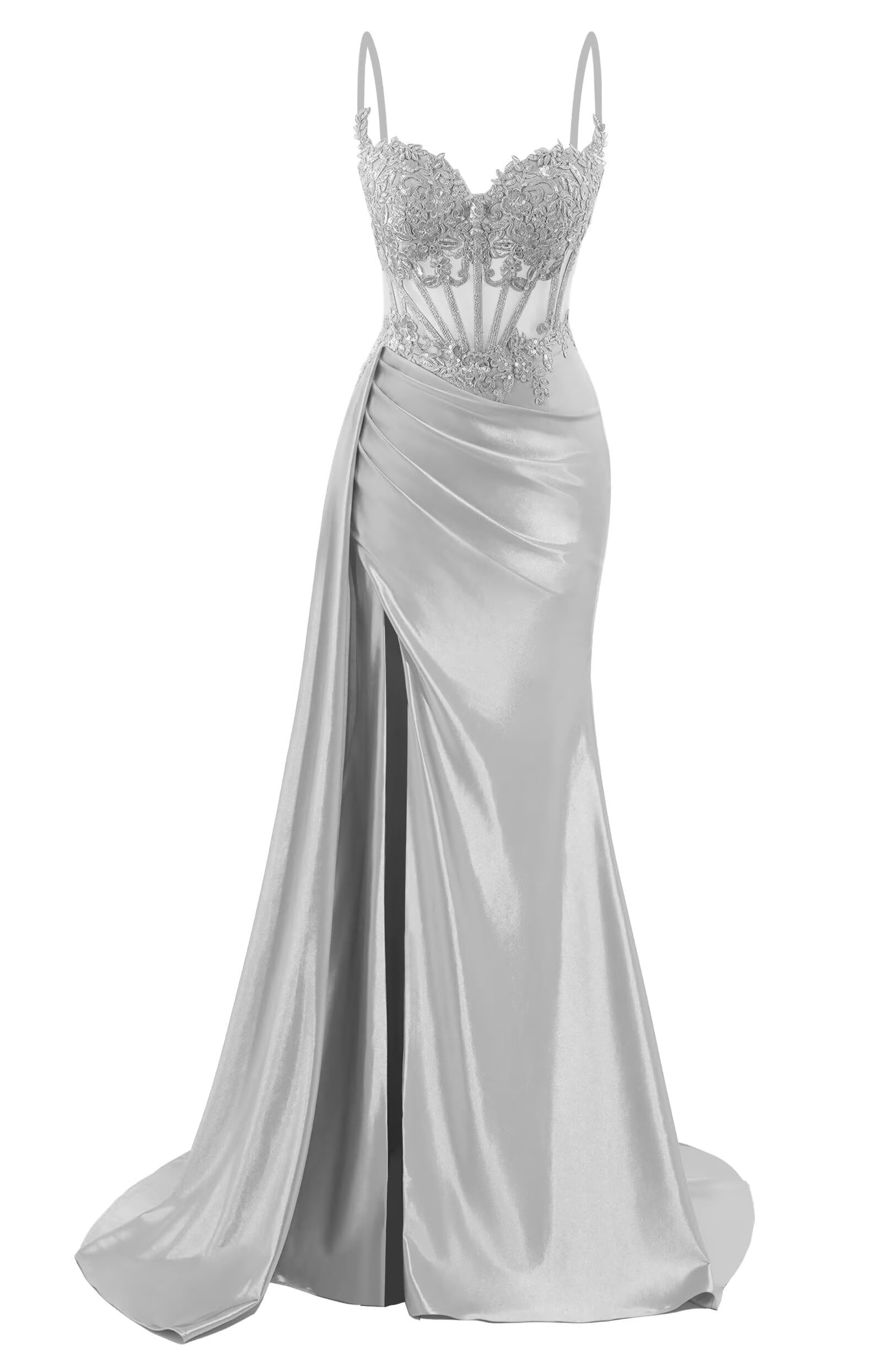 HPPEE Silver Satin Prom Dresses for Women with Lace Applique Side Slit Long Formal Celebrity Pageant Evening Gown UK16