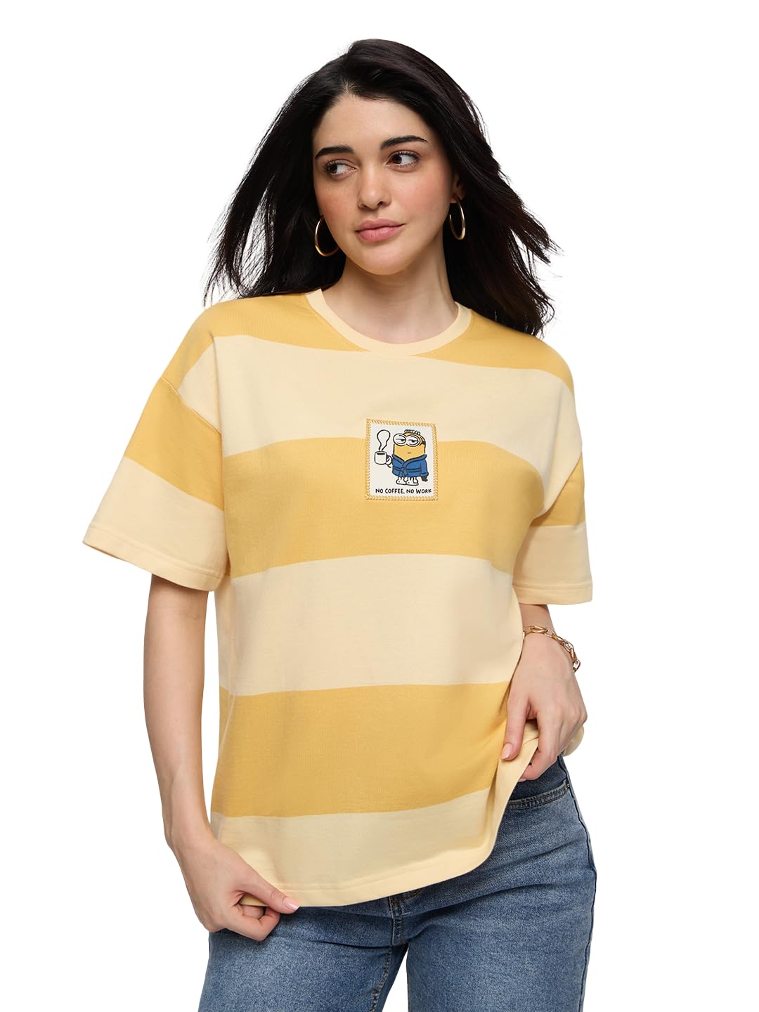 Minions: No Coffee Women and Girls Short Sleeves Round Neck Yellow Striped and Applique Patch Cotton Lightweight Drop Shoulder Streetwear Casual Oversized T-Shirt