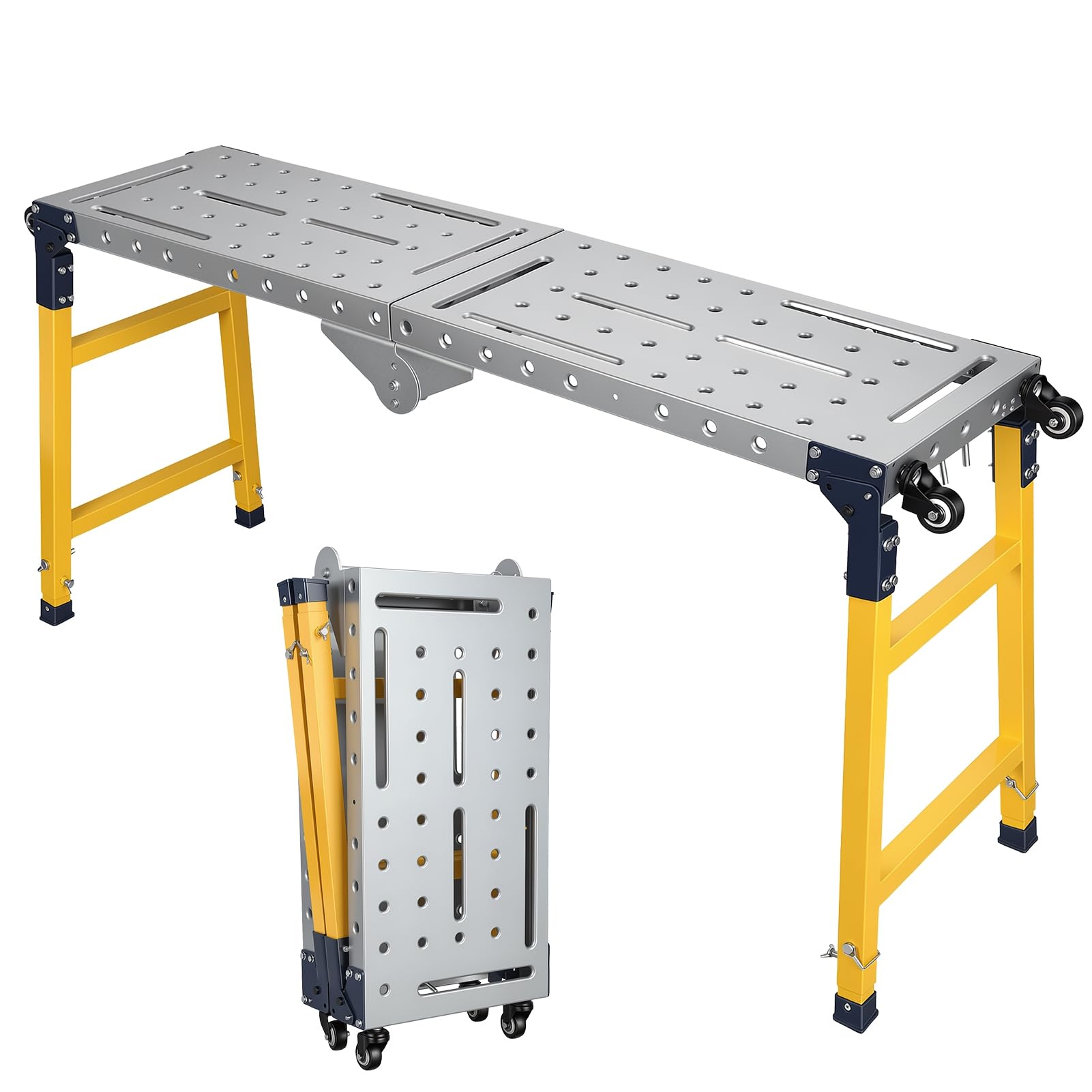 Piattaforma di lavoro regolabile, piattaforma di lavoro pieghevole con ruote e superficie antiscivolo, piattaforme per ponteggi in acciaio, capacità di 499 kg, per garage, officina, magazzino, 140 cm
