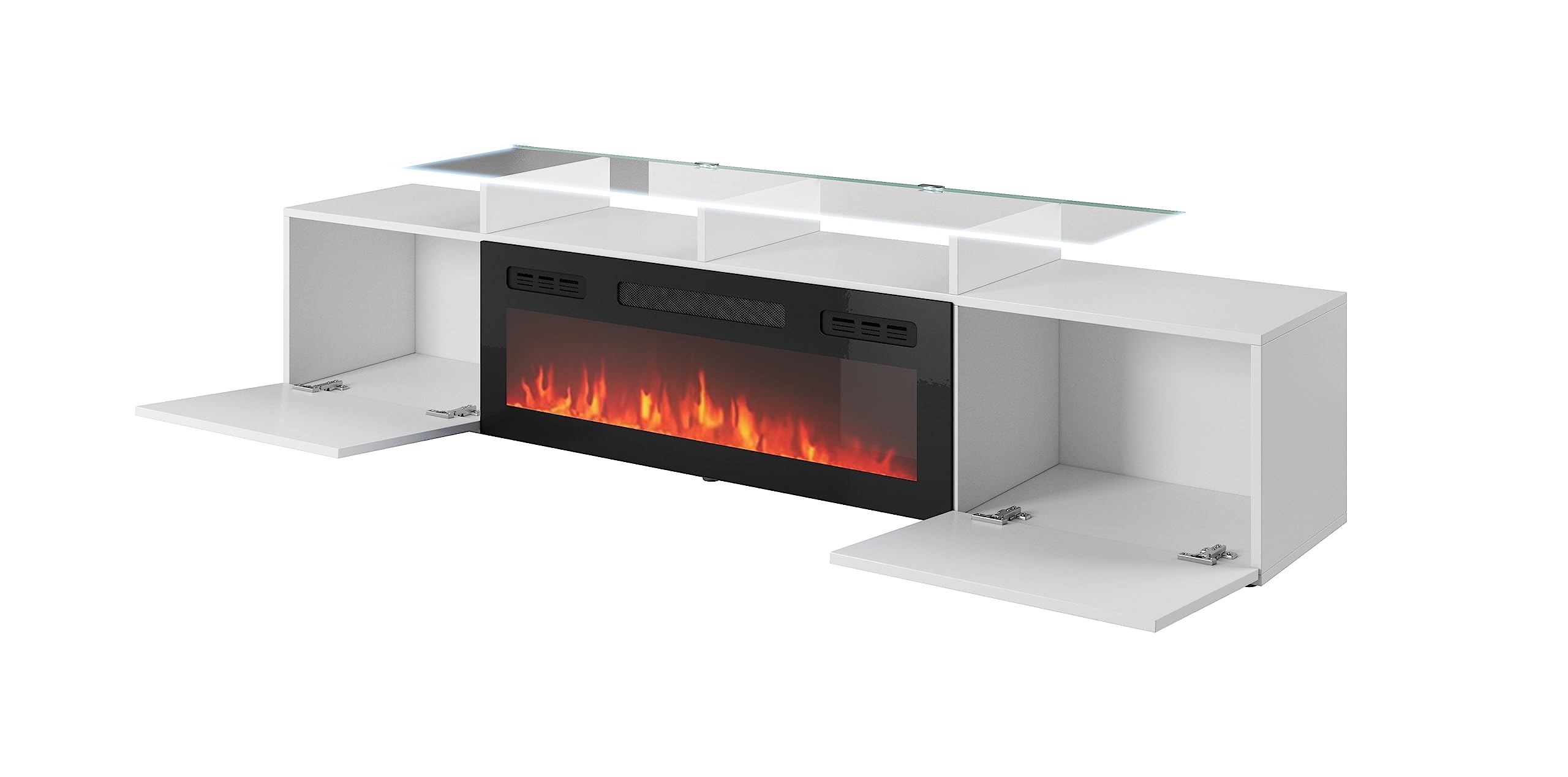 Homlando Rova EF - Mueble para TV (190 cm, con chimenea eléctrica, parte frontal fresada, tablero de fibra de densidad media, mueble bajo para TV, aparador, alta fidelidad, color blanco brillante)