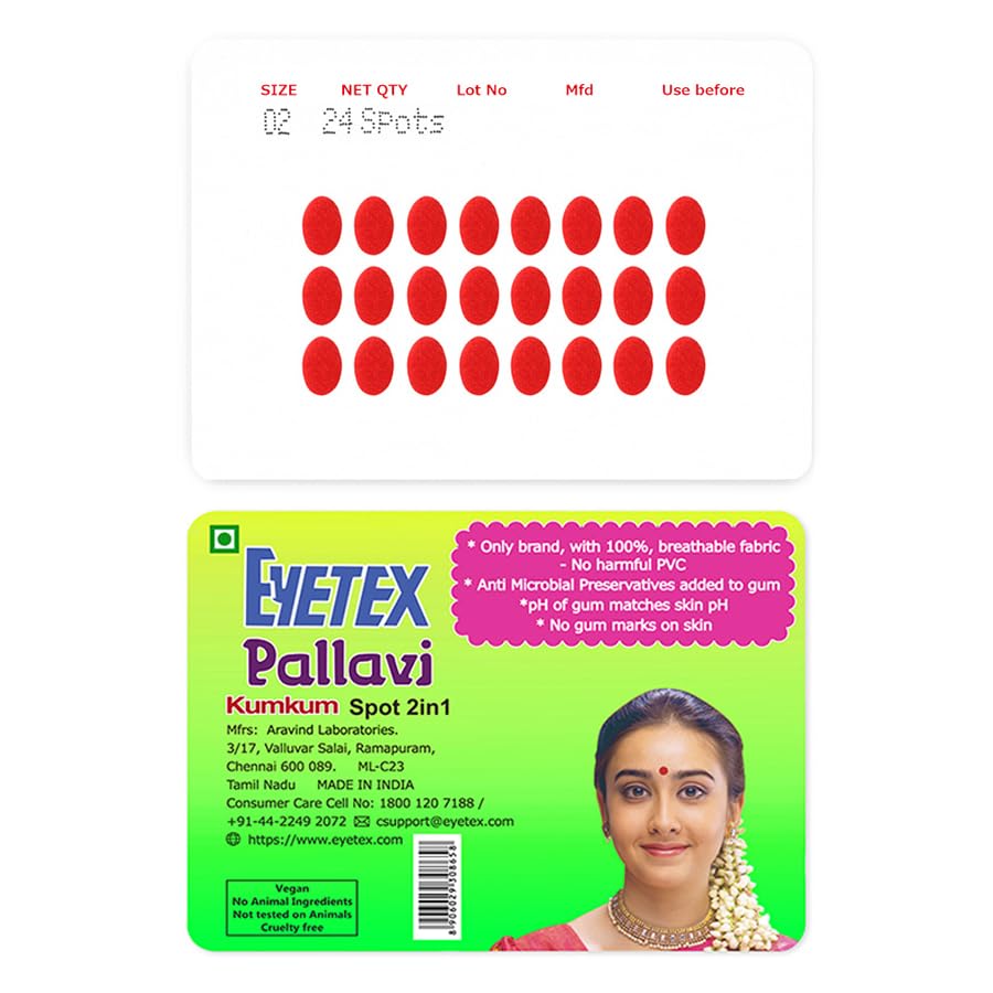 Image of Eyetex Pallavi Sticker Bindi /Pottu|Oval|Aloe Vera & Papaya Extracts|Breathable Non-Irritating Velvet Fabric|O2|Red|20 Flaps