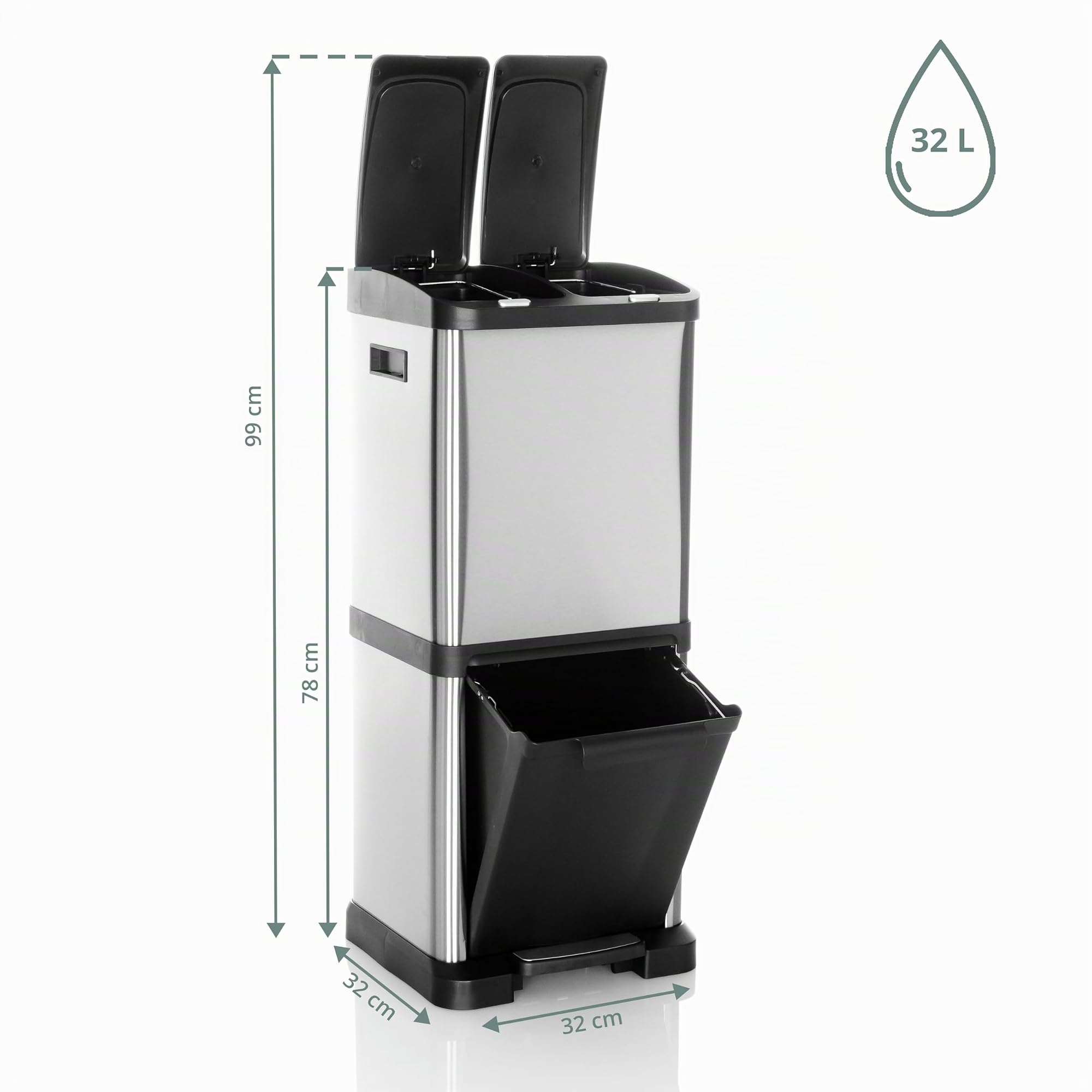 hjh OFFICE Poubelle CLEAN VII acier, système de tri des déchets avec 3 compartiments (2 x 8L + 1 x 16L), utilisation universelle, argent, 741100