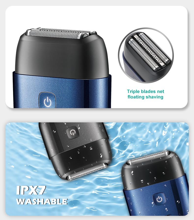 Close-up of the VGR V-340 shaver's triple floating blades and foil system.