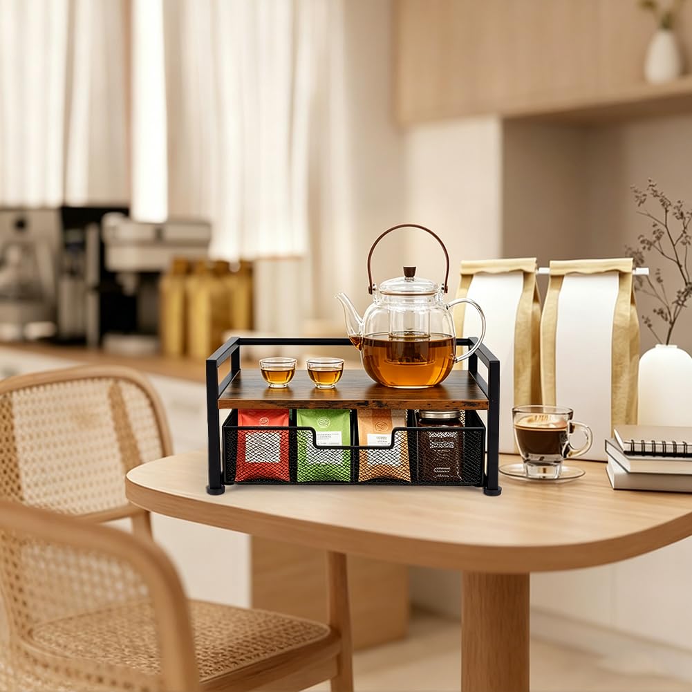 UNICRAFTALE Organisateur De Sachets De Thé en Bois avec Tiroir 8 Compartiments Station De Thé Rustique Bo?Te De Rangement pour Comptoir Cuisine Bureau Caddy à Thé Multifonctionnel 33x20x15cm