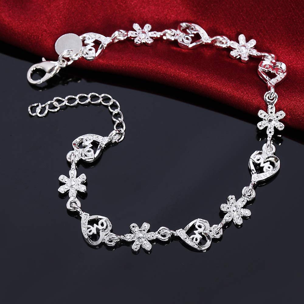 ZXF Bracelet women, 925 Sterling Silver Zircon Full Heart Flower