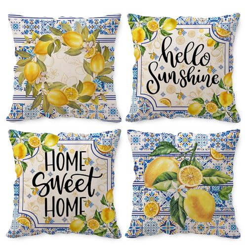 Lemon Pillow Covers 18x18 Home Sweet Home Throw Pillowcase Yellow and Blue Mediterranean Summer Decor Italian Themed Tile Flower Pattern Square Cushion Covers for Sofa Bed Couch Set of 4