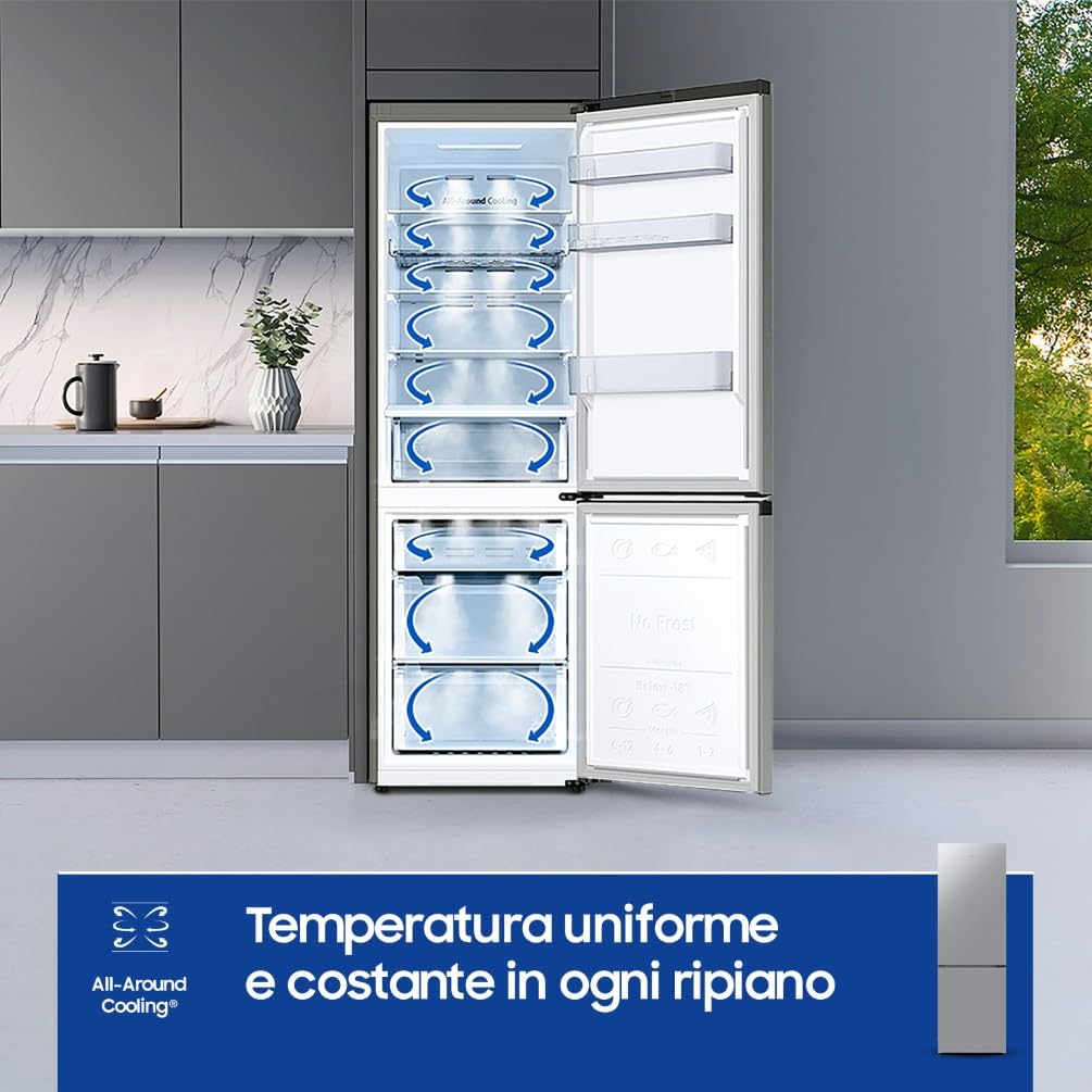 Samsung Frigorifero Combinato Ecoflex RB33B610ESA/EF, Libera installazione, SpaceMax, Total No Frost, All Around Cooling, Motore Digital Inverter, 344 L, LXAxP: 59,5 x 185 x 66 cm, Silver Inox