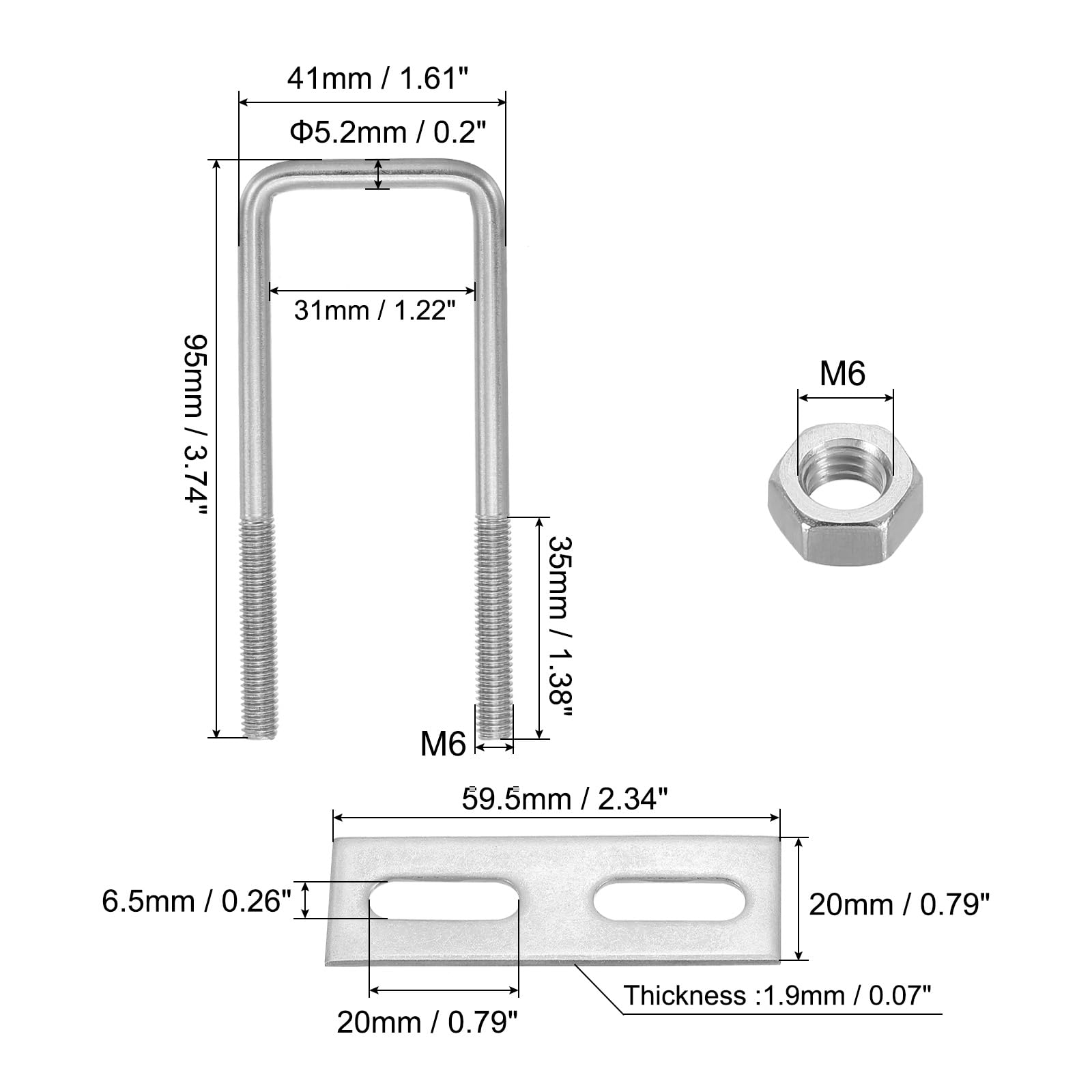 PATIKIL M6x30x95mm Square U-Bolts Kit - Image 2