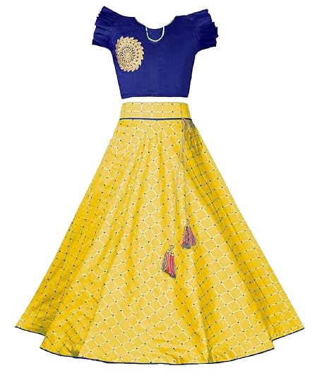 Bolly lounge Girls Silk Lehenga Choli Checks Round Lehengha 3-4 Year_Yellow_3-4