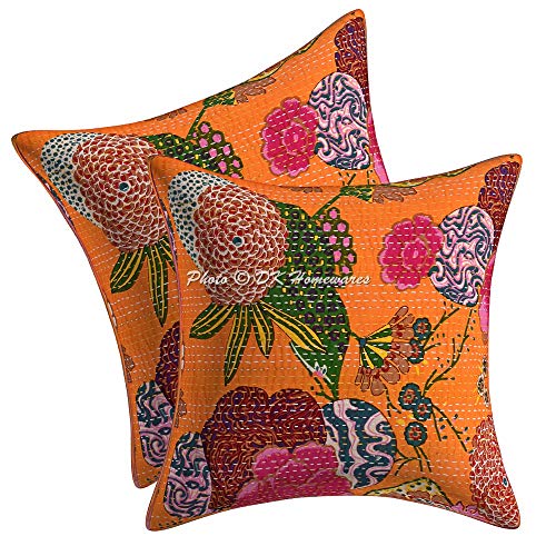 DK Homewares Indian Sofa Cushion Covers 40cm x 40cm Light Orange Kantha Cotton Tropicana Square Living Room 16x16 Inches Ethnic Settee Scatter Pillowcases - Set of 2 Pcs