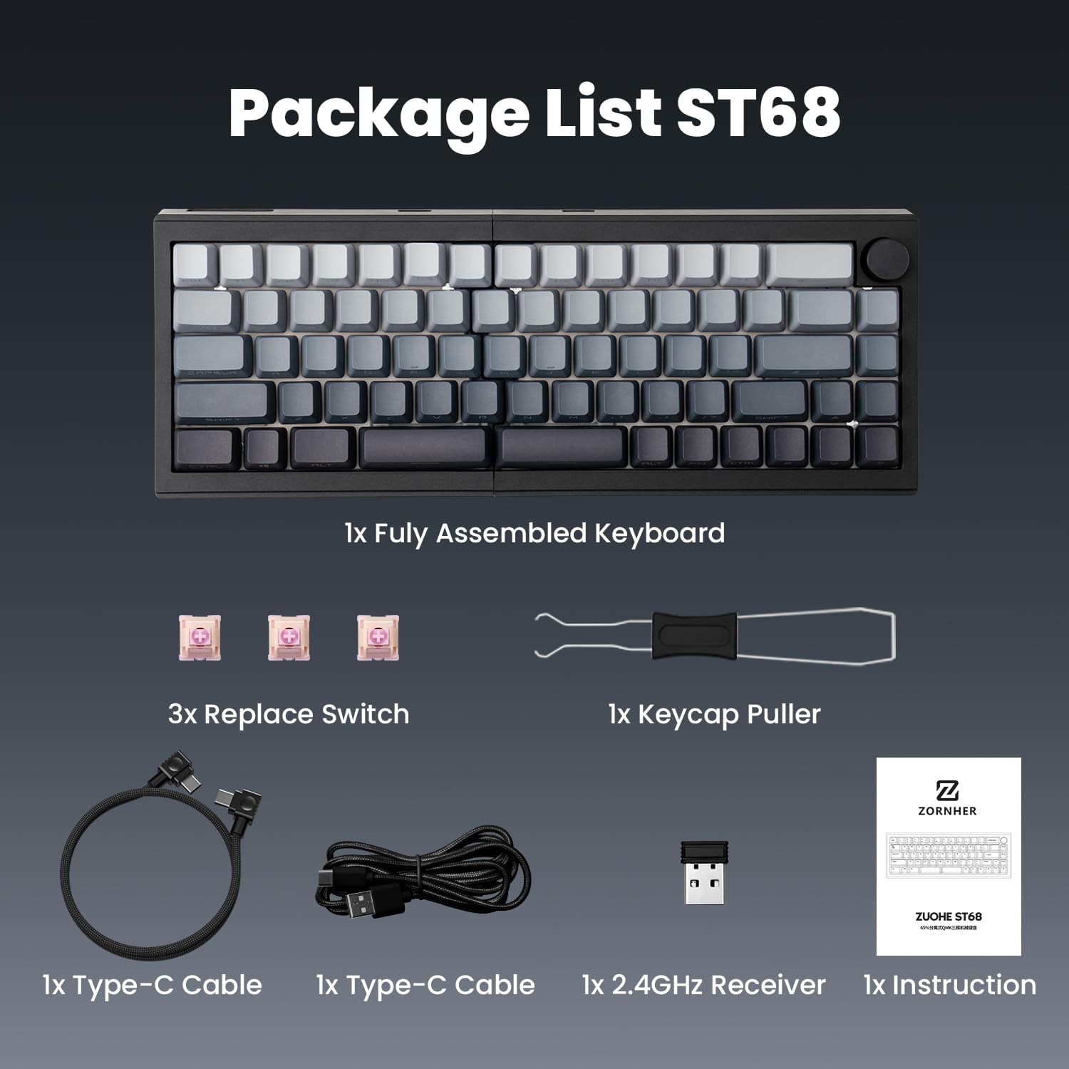 ZORNHER ST68 Tastiera Meccanica Ergonomica Spaccata Senza Fili 65% Bianco e Nero Personalizzata Tastiera TKL Cremosa con Manopola, Tasti PBT illuminati, Interruttori lineari pre-lubrificati, Hot-Swap