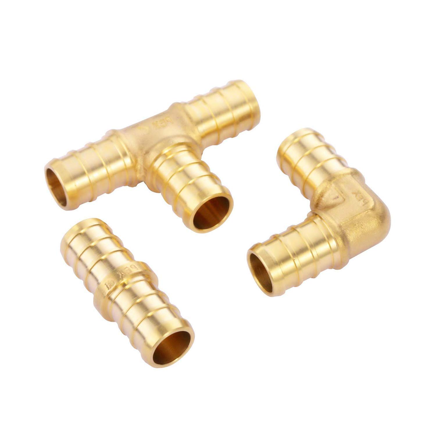 ISPINNER PEX Fittings, 1/2 inch PEX Straight Coupling (6pcs) Degree Elbow (6pcs) PEX Tee (4pcs), Brass Barb Crimp Pipe Hose Fittings (Pack of 16)