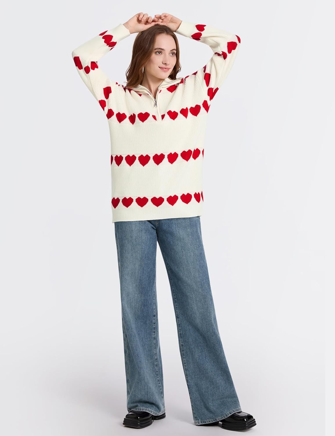 Yimoon Heart Sweater for Women Valentines Day Sweater Oversized Quarter Zip Knit Pullover Cute Chunky Knitwear - Image 4