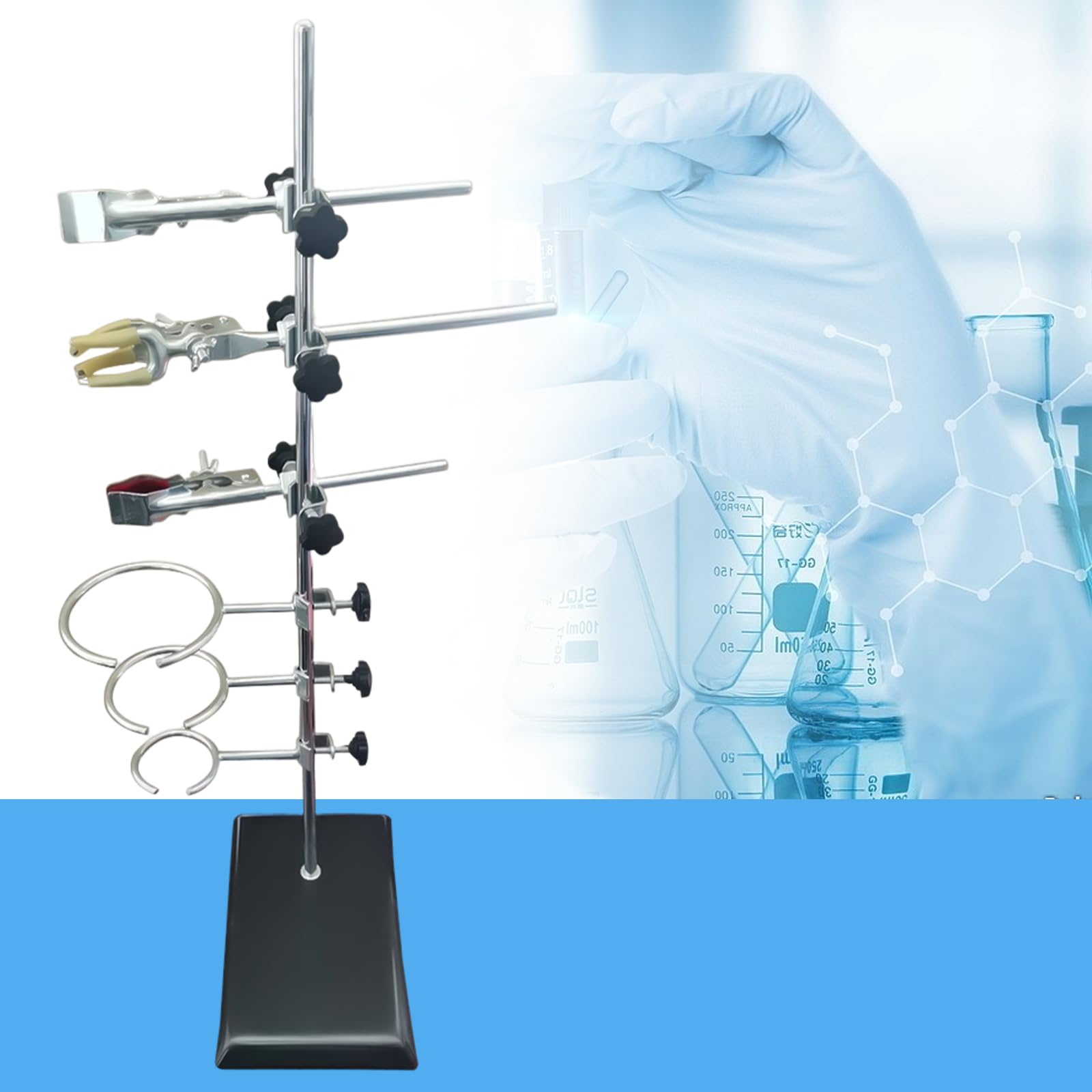 Set di morsetti da laboratorio con supporto per treppiede da laboratorio e supporto per provette – Supporto per strumenti di laboratorio con Stir Bar – Elevation Lab (argento/nero)