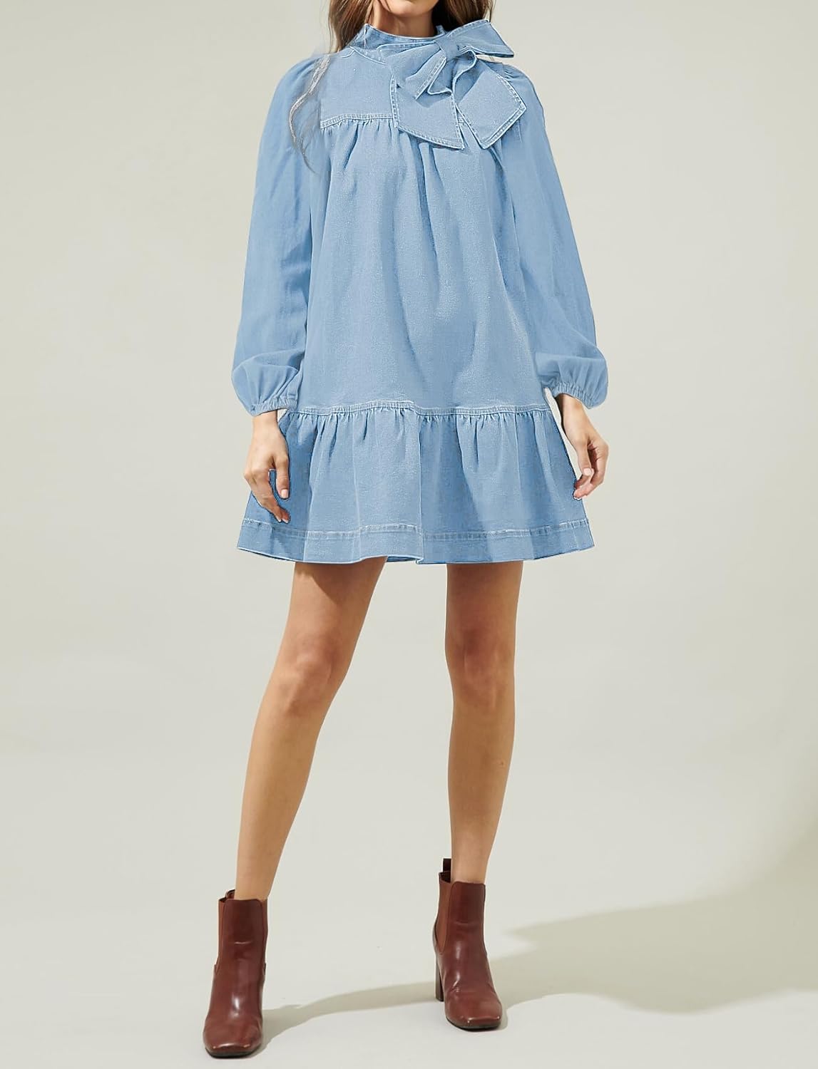Women's Puff Long Sleeve Denim Dress Ruffle Mock Neck Tiered Mini Babydoll Dress Casual Flowy Swing Jean Dresses - Image 5