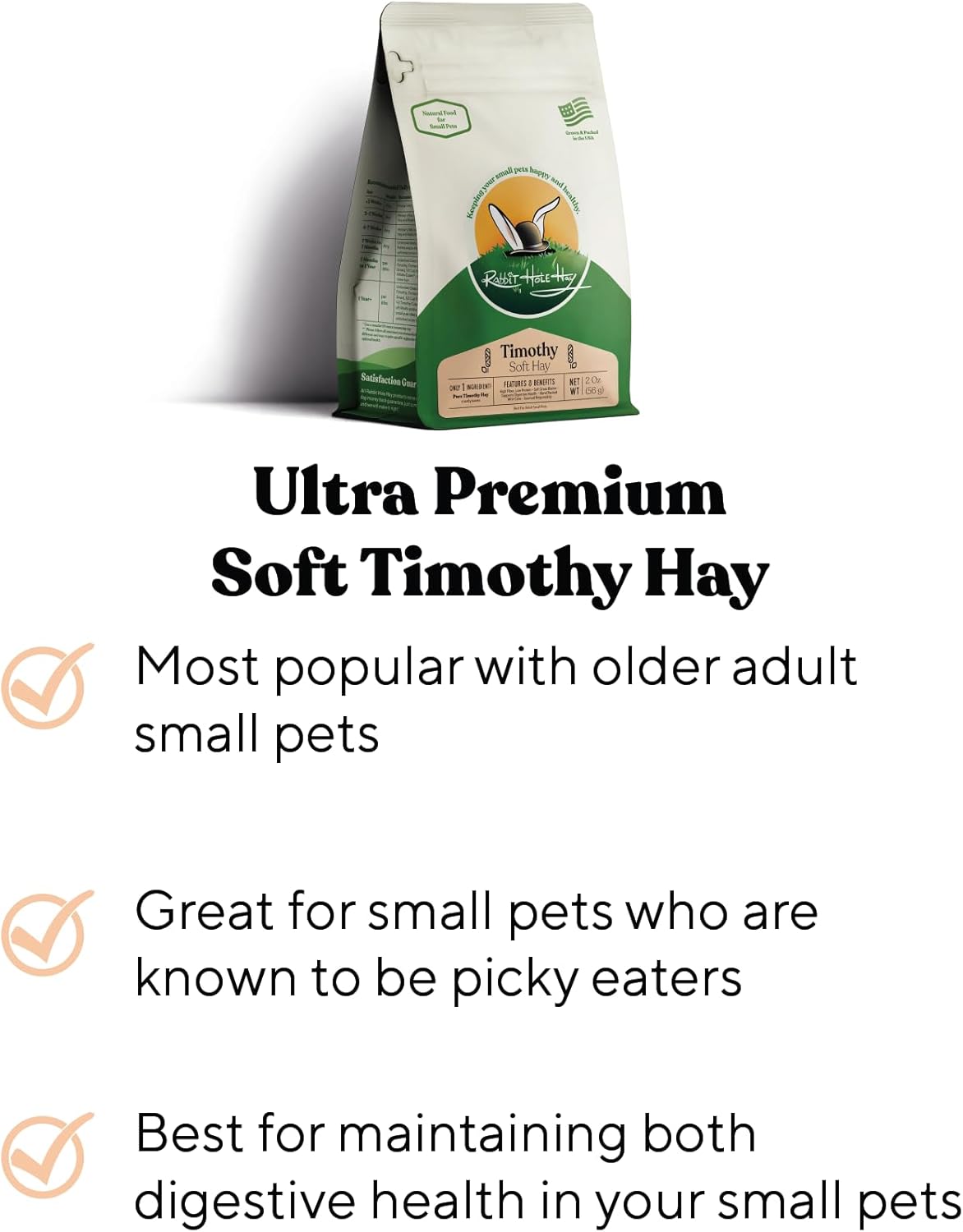 Rabbit Hole Hay - Ultra Premium Soft Timothy Hay for Small Pets - 12 oz Bag - Fresh & Soft (Pack of 2)