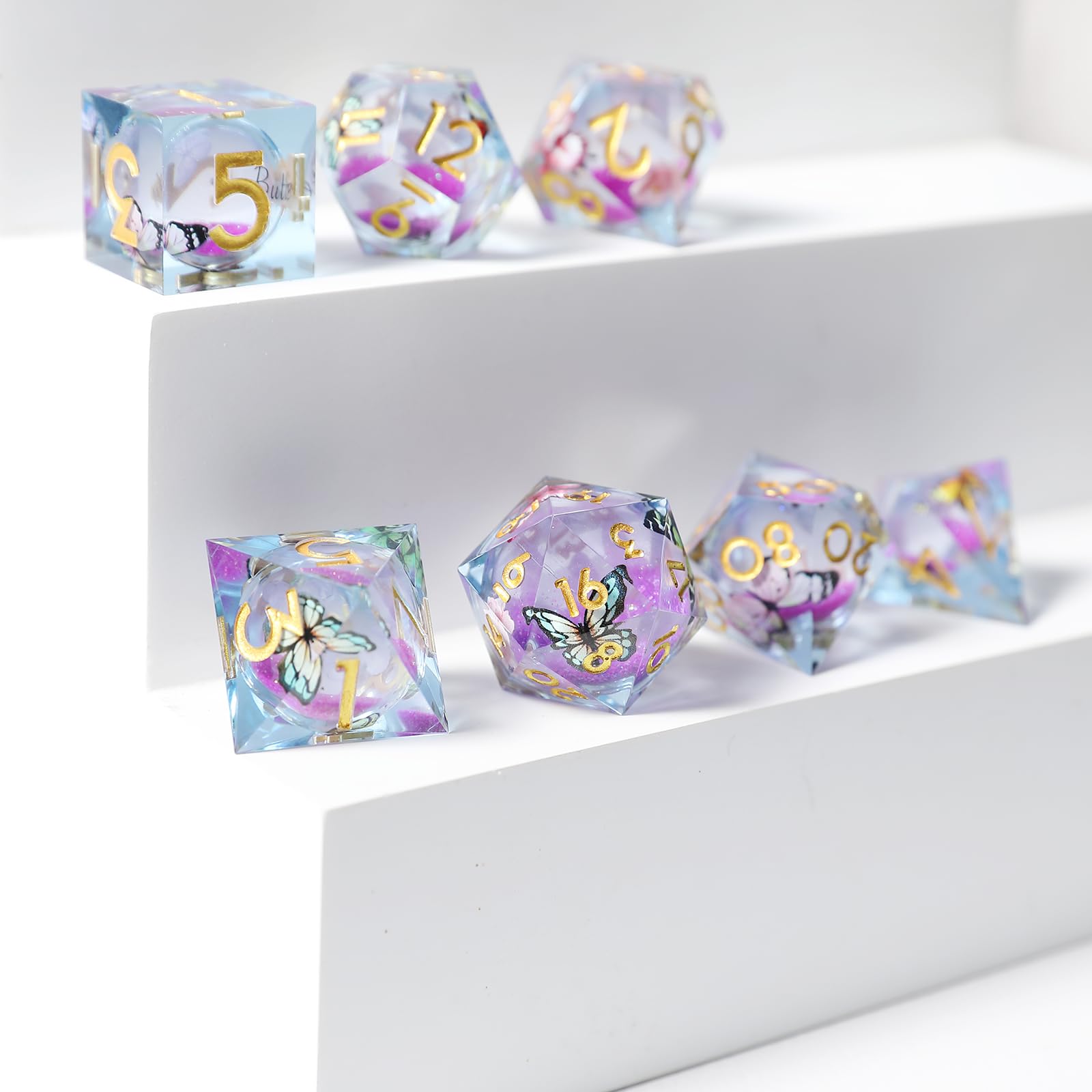 Liquid Core 7 piece Resin Polyhedral Dice Set - Dungeons & Dragons RPG Set, Butterfly Themed Dice With D20, D12, D10, D8, D6, D4 - Image 4